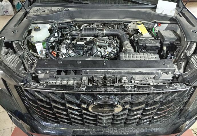 подкапотная компоновка, установка ГБО FSI ОМВЛ для двигателя с непосредственным впрыском на GAC GS8 2024 г.в., 2.0 л., 230 л.с., с пробегом; 78 725 км., тороидальный баллон 74 литра сзади, под  кузовом, заправочное  устройство под задним бампером, Нижний Новгород, Дзержинск