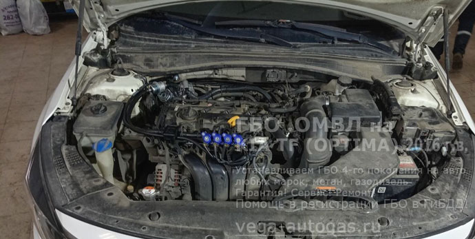 ГБО ОМВЛ в подкапотном пространстве, установка на Киа Оптима 2016 г.в., 2.0 л., 149,56 л.с., пробег 161 950 км., тороидальный баллон 54 литра, в багажнике, в нише для запасного колеса, ВЗУ в заднем бампере, Нижний Новгород, Дзержинск