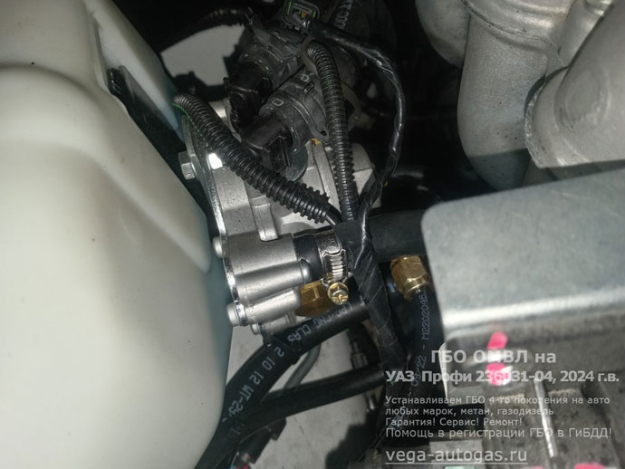 подкапотное пространство, установка ГБО OMVL на УАЗ Профи 236031-04 2024 г.в., 2,0 л., 149,6 л.с., пробег 4 417 км., цилиндрический баллон 100 литров, на раме, с левой стороны, Нижний Новгород, Дзержинск